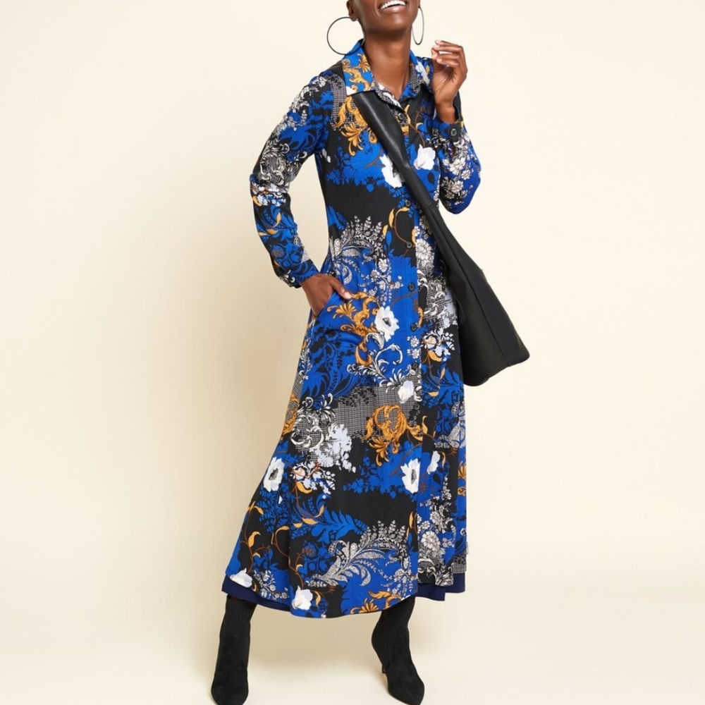 Attitudes By Renee Blue Floral Long Sleeve Button Front Dress
